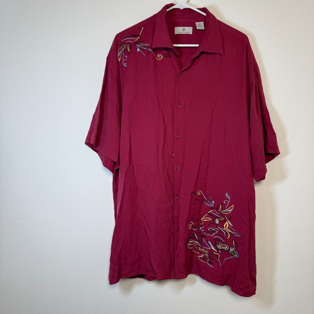 Bobby Chan Shirt Mens XLarge 100% Silk Red Short Sleeve‎ Golfer Golf Button Up